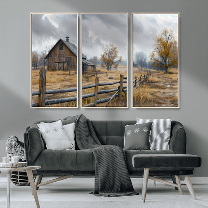 A tranquil rural scene featuring a rustic barn, overcast skies, and golden fields with scattered trees, evoking a sense of peaceful solitude in nature.