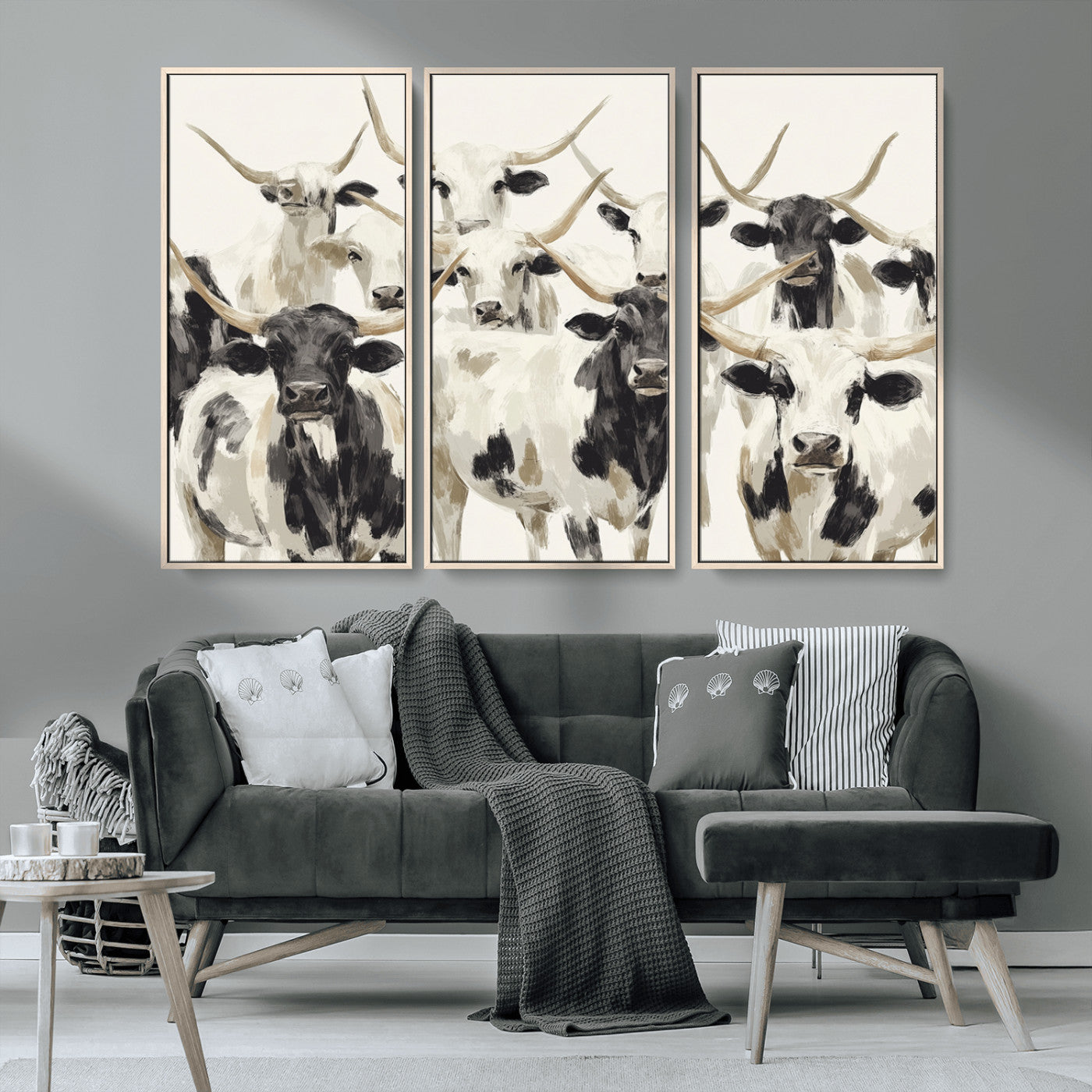 Canvas of a Texas Longhorn cattle herd in neutral black and white tones, ideal for rustic farmhouse or western-themed decor.
