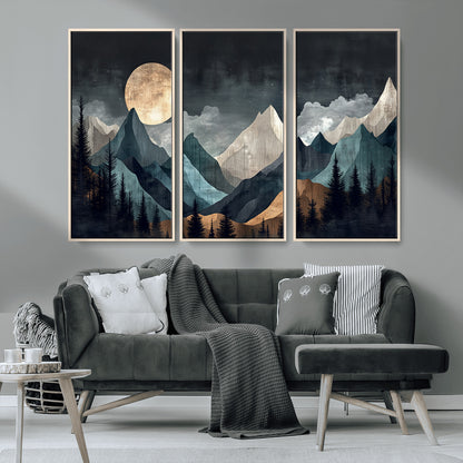 Stylized canvas of layered mountains under a full moon in neutral moody tones, ideal for nature-inspired or modern rustic interiors.