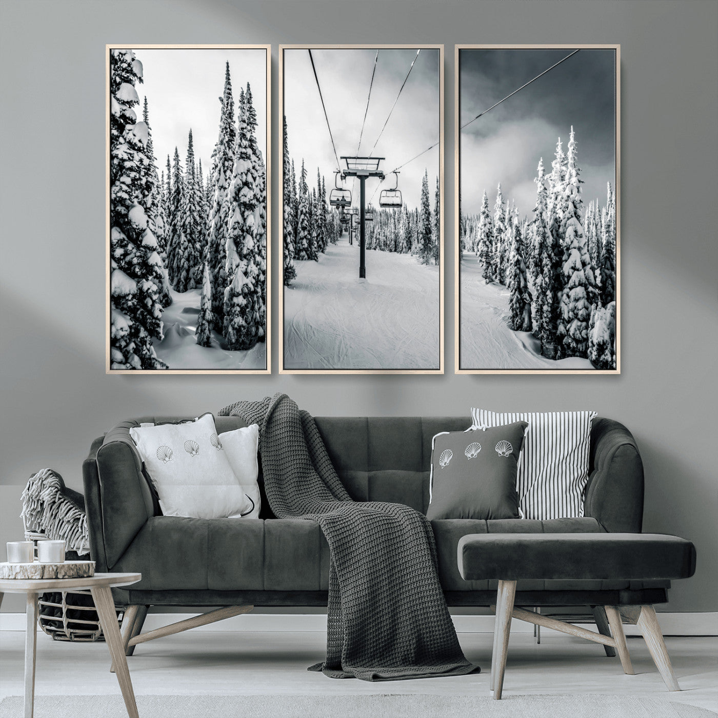 Canvas of a snowy ski lift scene through a forest of tall pine trees, ideal for moody winter or alpine-themed home decor.