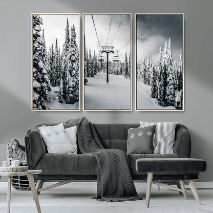 Canvas of a snowy ski lift scene through a forest of tall pine trees, ideal for moody winter or alpine-themed home decor.