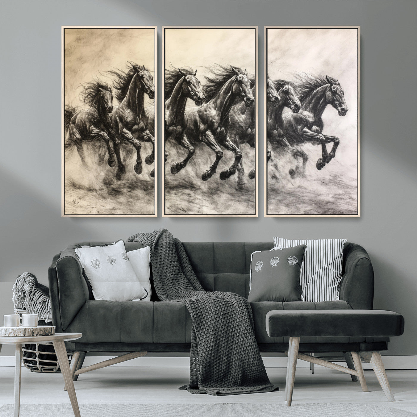Monochrome drawing of a herd of galloping horses, perfect for dynamic and wild-themed decor in any equestrian or nature-inspired room.