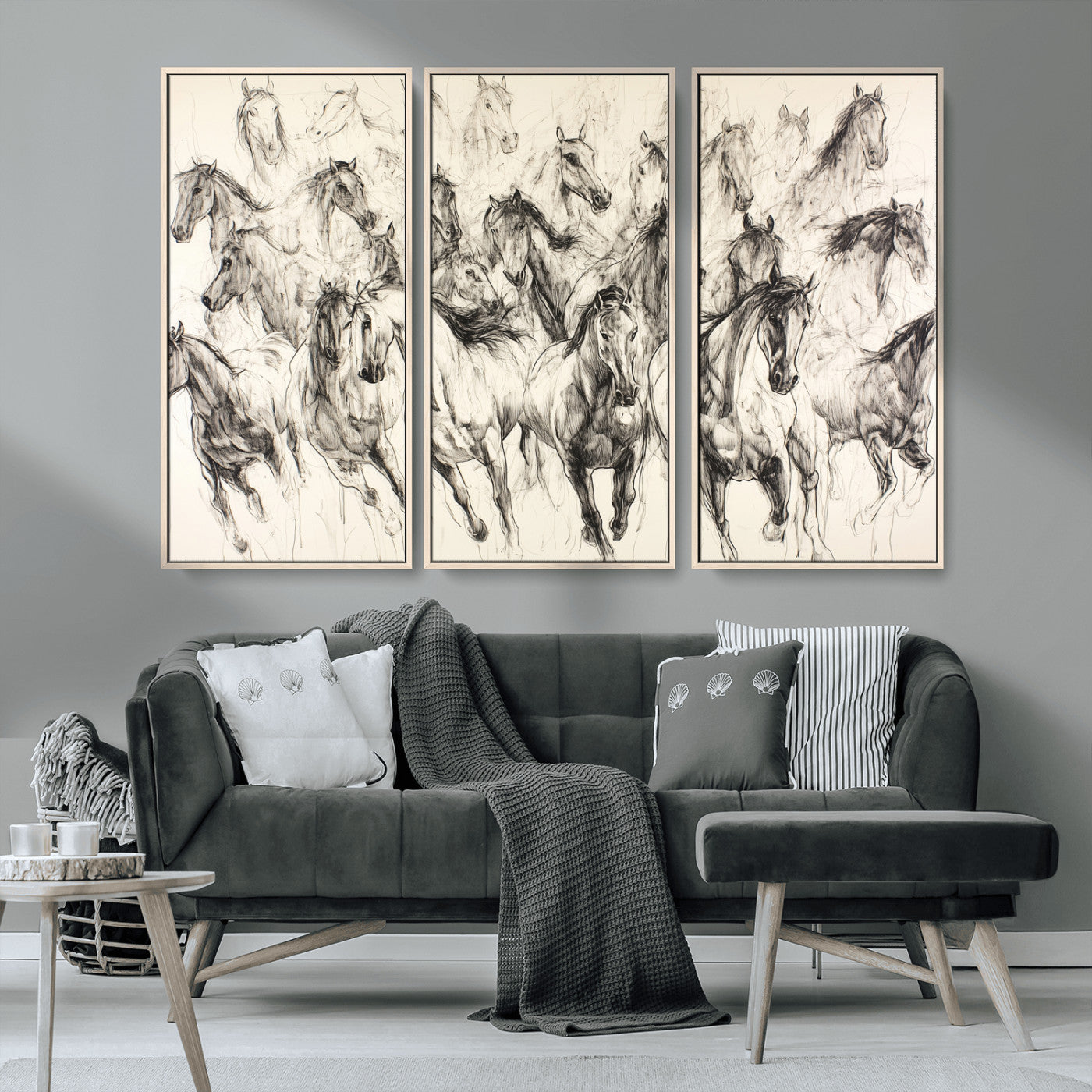 Monochrome ink sketch of galloping horses in dynamic motion, perfect for western or equine-themed wall decor with bold artistic energy.