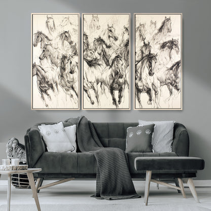 Monochrome ink sketch of galloping horses in dynamic motion, perfect for western or equine-themed wall decor with bold artistic energy.
