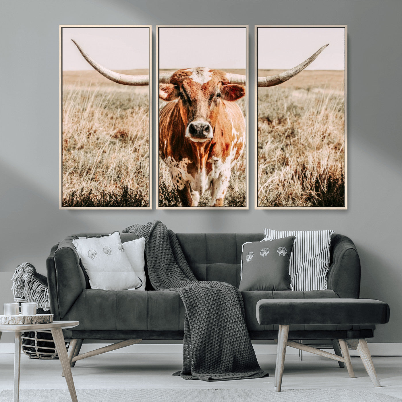 Framed longhorn cow canvas wall art with rustic prairie background, western animal print perfect for farmhouse or ranch style decor