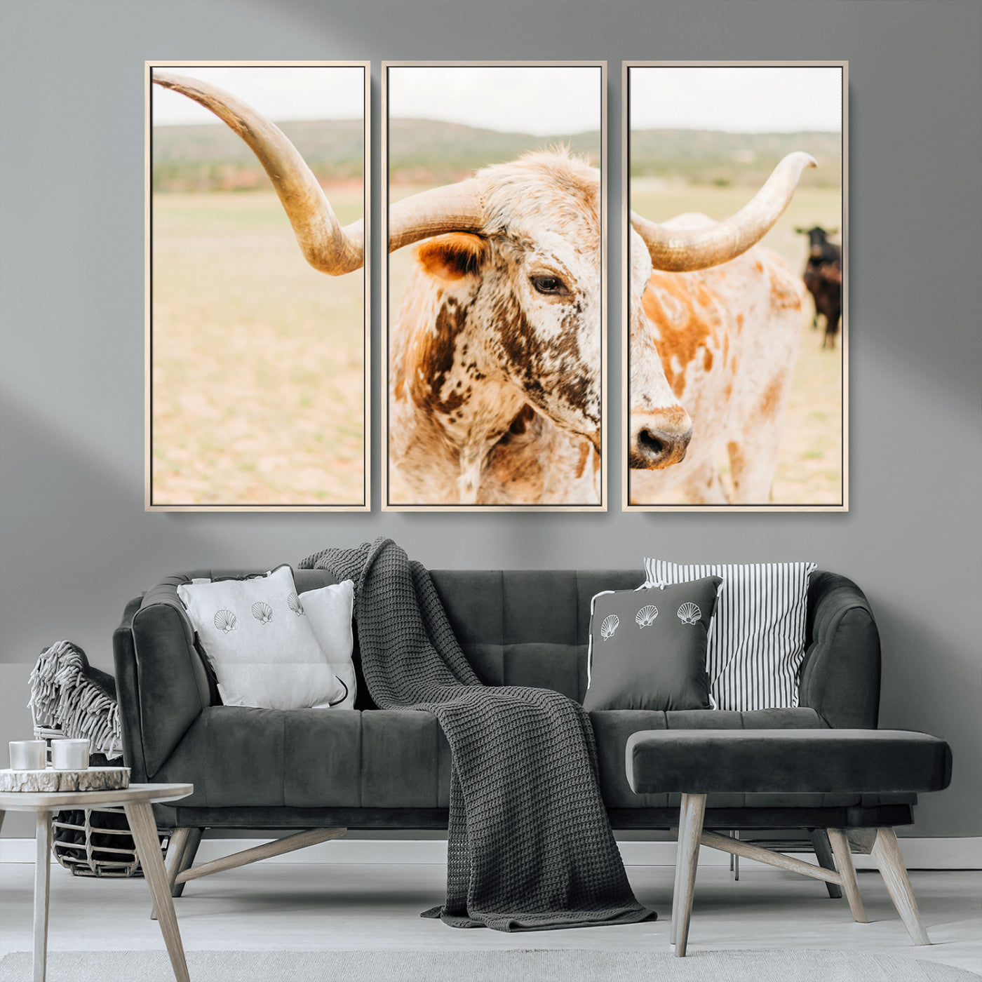 Close-up of a speckled Texas Longhorn in warm prairie tones, perfect for rustic western or countryside-themed room decor.