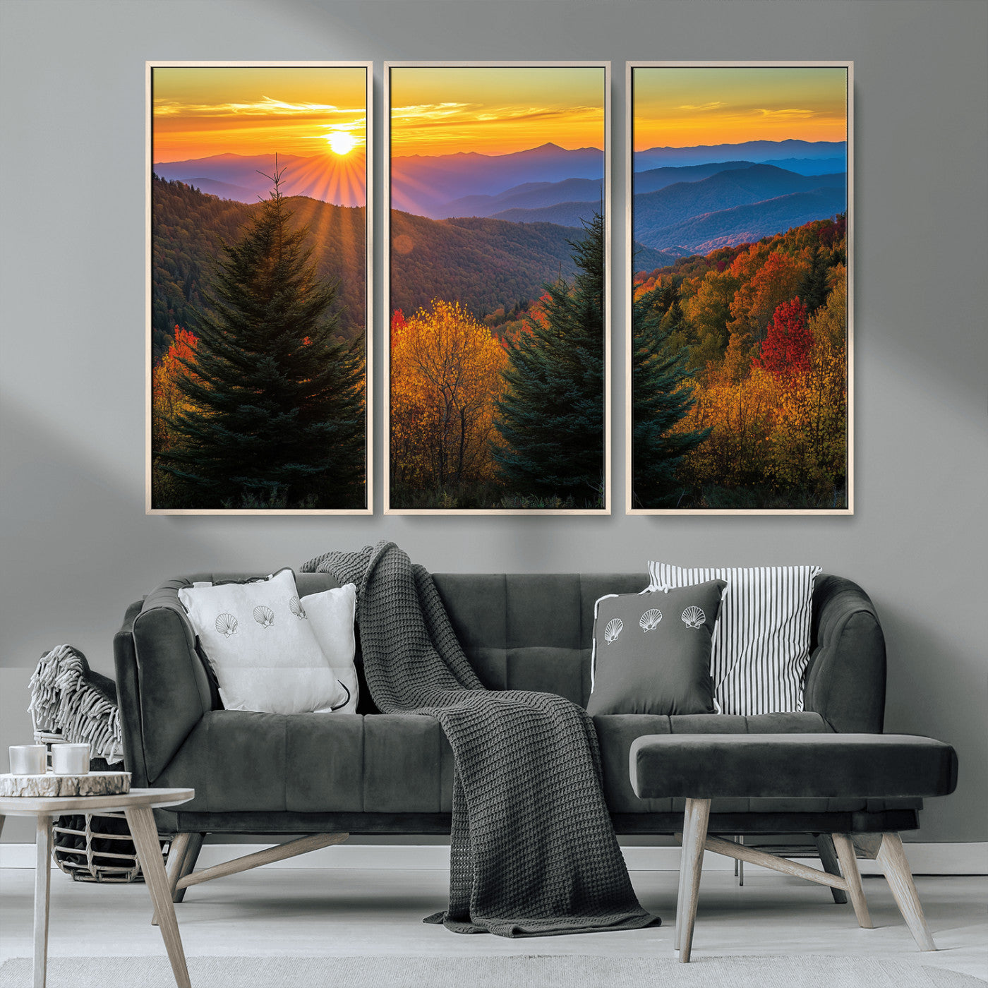Vibrant sunset over autumn mountains with colorful trees and warm light, ideal for nature lovers or cabin-style wall decor.