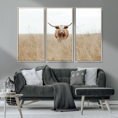 Texas Longhorn bull standing alone in dry grass with neutral tones, ideal for rustic western or cowboy-themed wall decor.