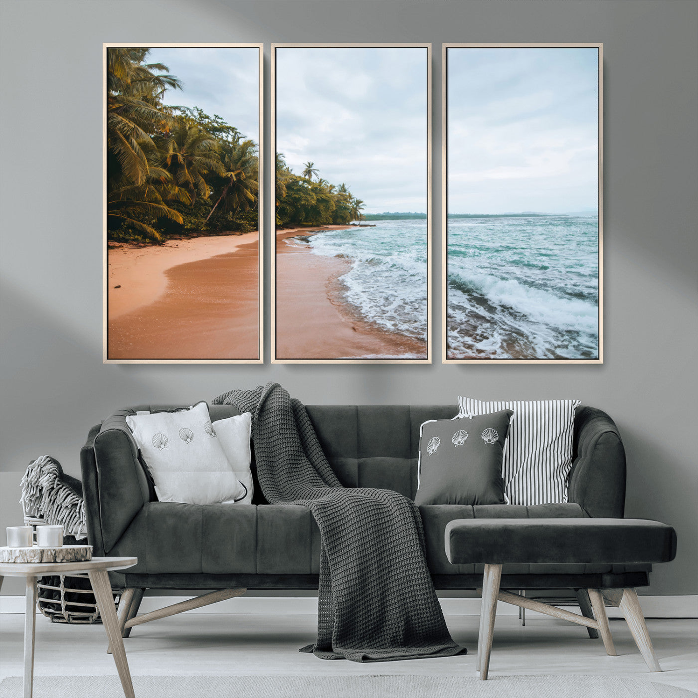 Framed canvas of a tropical beach with palm trees and soft waves, ideal for coastal escape or serene nature-inspired home decor.