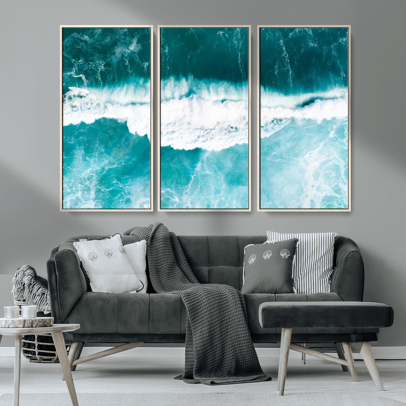 Aerial view of turquoise ocean waves crashing with white foam, perfect for tropical coastal or modern beach-style home decor.