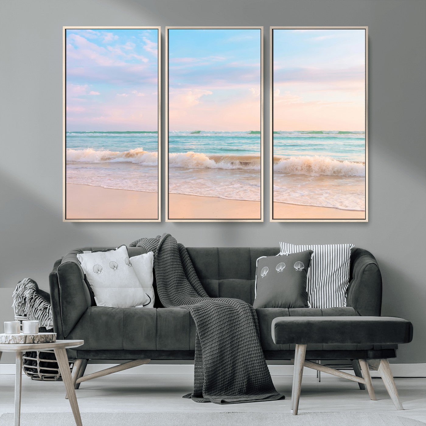 Pastel-toned ocean waves under soft sunset skies, ideal for pastel coastal or serene beach-style home decor.