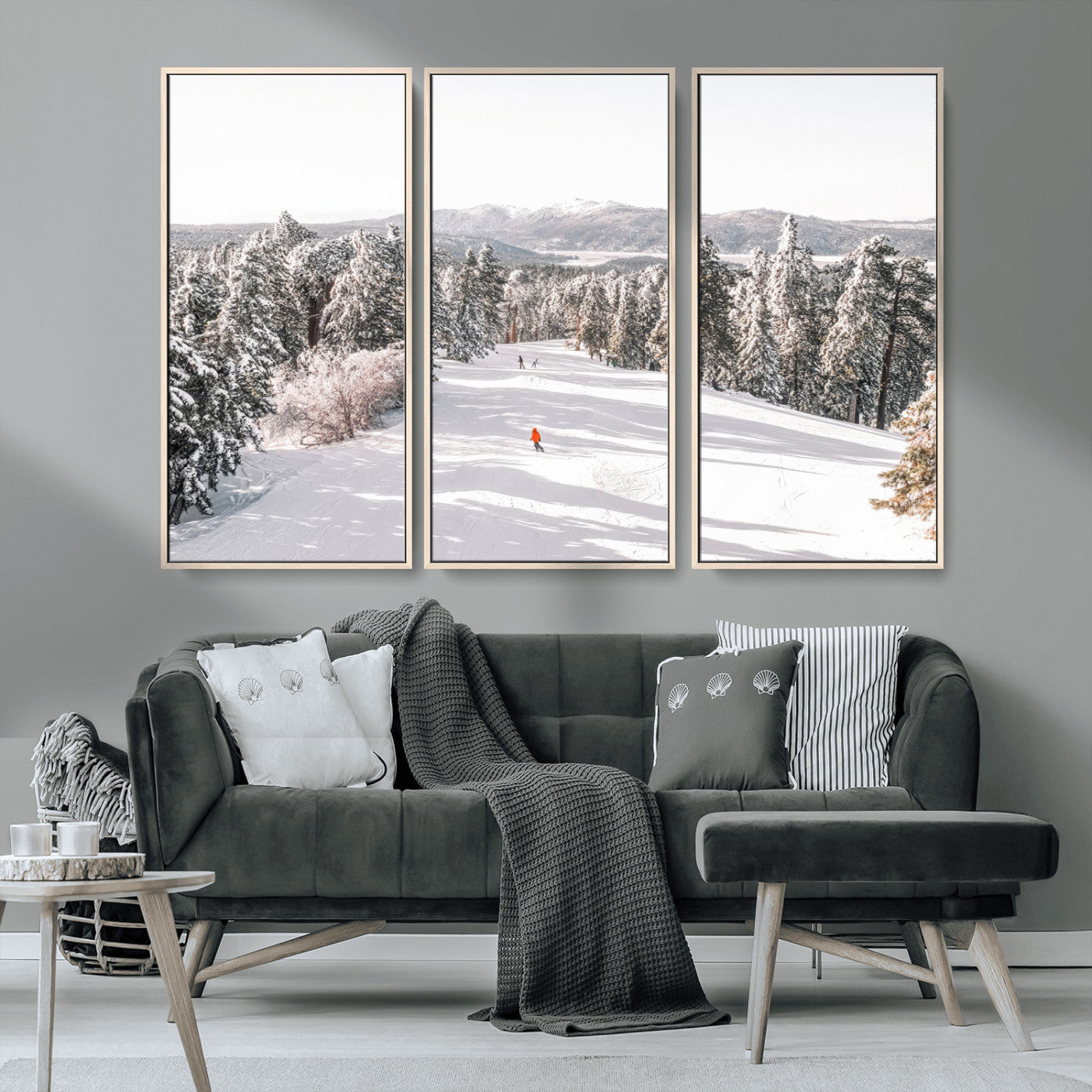 Bright ski trail lined with snow-covered pines and a skier in orange, perfect for alpine adventure or winter sports-inspired decor.