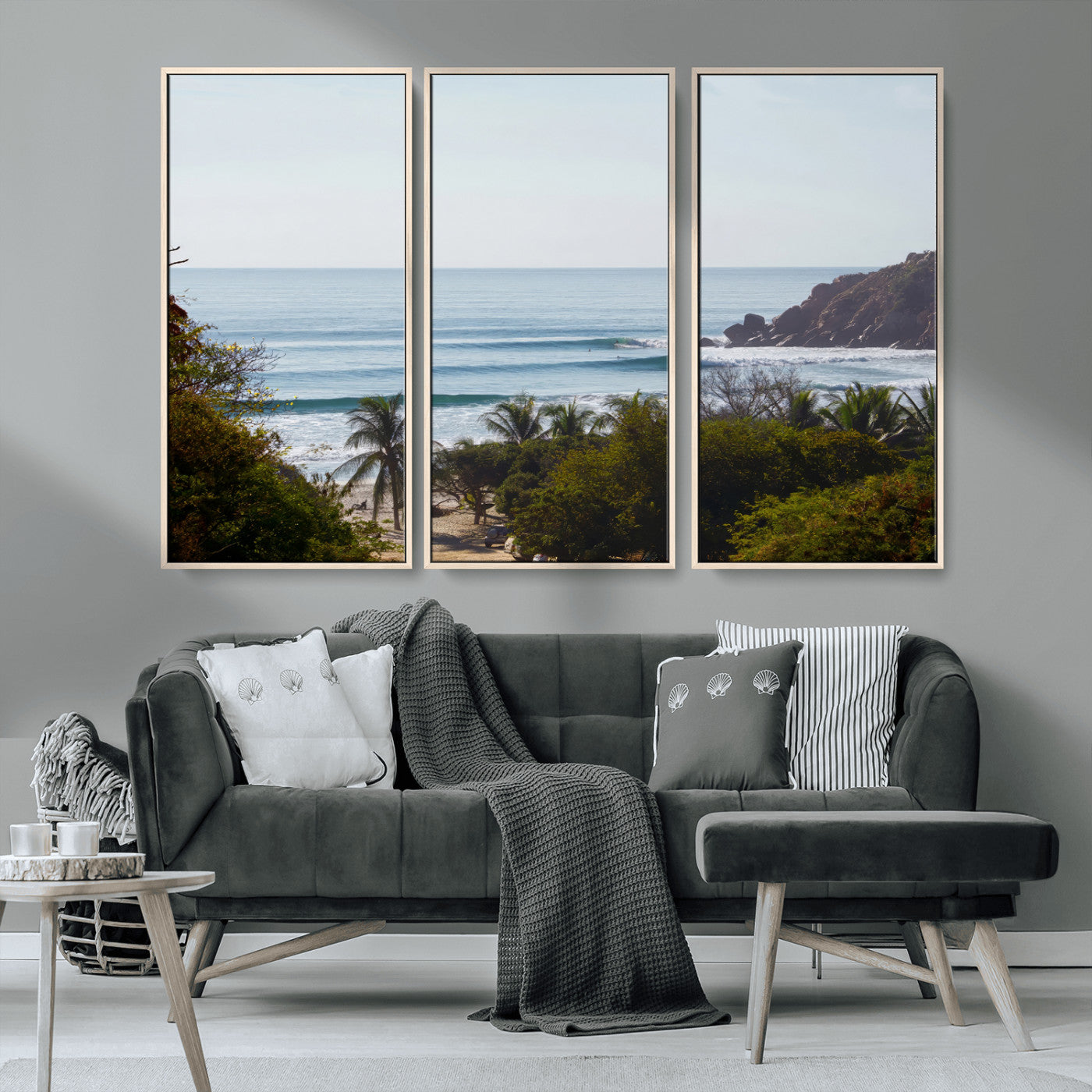 View of calm ocean waves with palm trees and a tropical coastline, ideal for coastal boho or beach-themed wall decor.