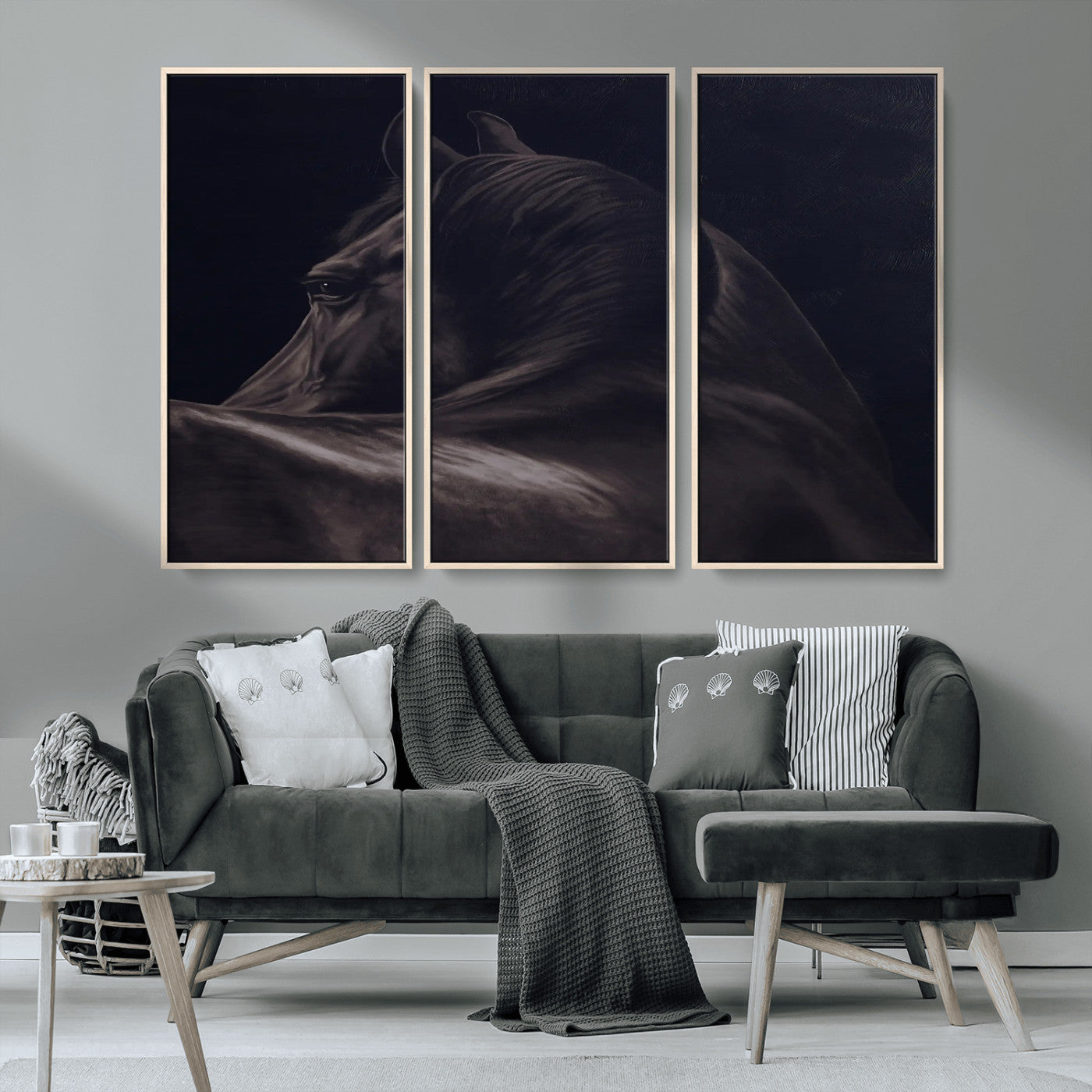 Close-up of a black horse with dramatic lighting on a dark background, perfect for rustic or masculine home decor.