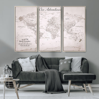 Customize Push Pin World Map Wall Canvas Print – Personalized Travel Map with Foam Pins – Framed Custom Quotie Canvas for Home Office Decor