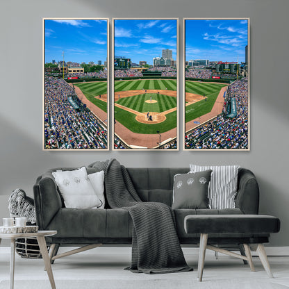 Wrigley Field Baseball Stadium Canvas Wall Art, Packed Crowd Sports Stadium Print, City Skyline Baseball Field Canvas for Game Room Decor