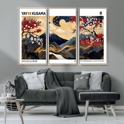 An artwork by Yayoi Kusama featuring Mount Fuji, blooming cherry blossoms, and swirling patterns in a harmonious blend of nature and art.