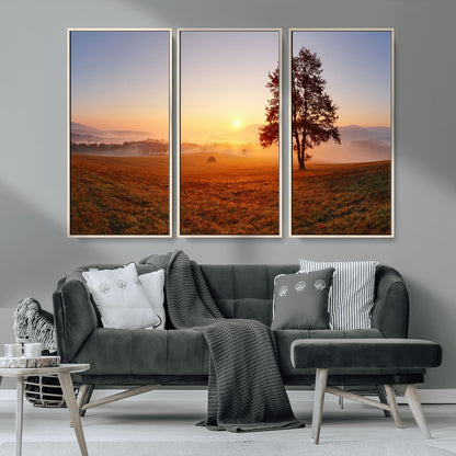 A tranquil landscape at sunrise with a mist-covered field and a lone tree, creating a peaceful and natural atmosphere.