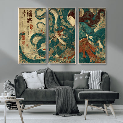 Tsukioka Yoshitoshi Samurai Wall Art Print, Japanese Katana Warrior Canvas Wall Art, Octopus Sea Monster Canvas Print,