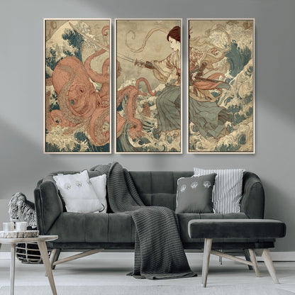Tsukioka Yoshitoshi Samurai Wall Art Print, Japanese Katana Warrior Canvas Wall Art, Octopus Sea Monster Canvas Print,