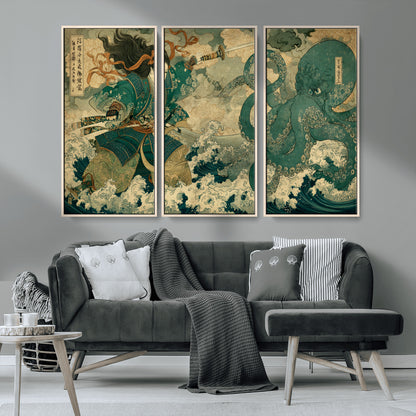 Tsukioka Yoshitoshi Samurai Wall Art Print, Japanese Katana Warrior Canvas Wall Art, Octopus Sea Monster Canvas Print,
