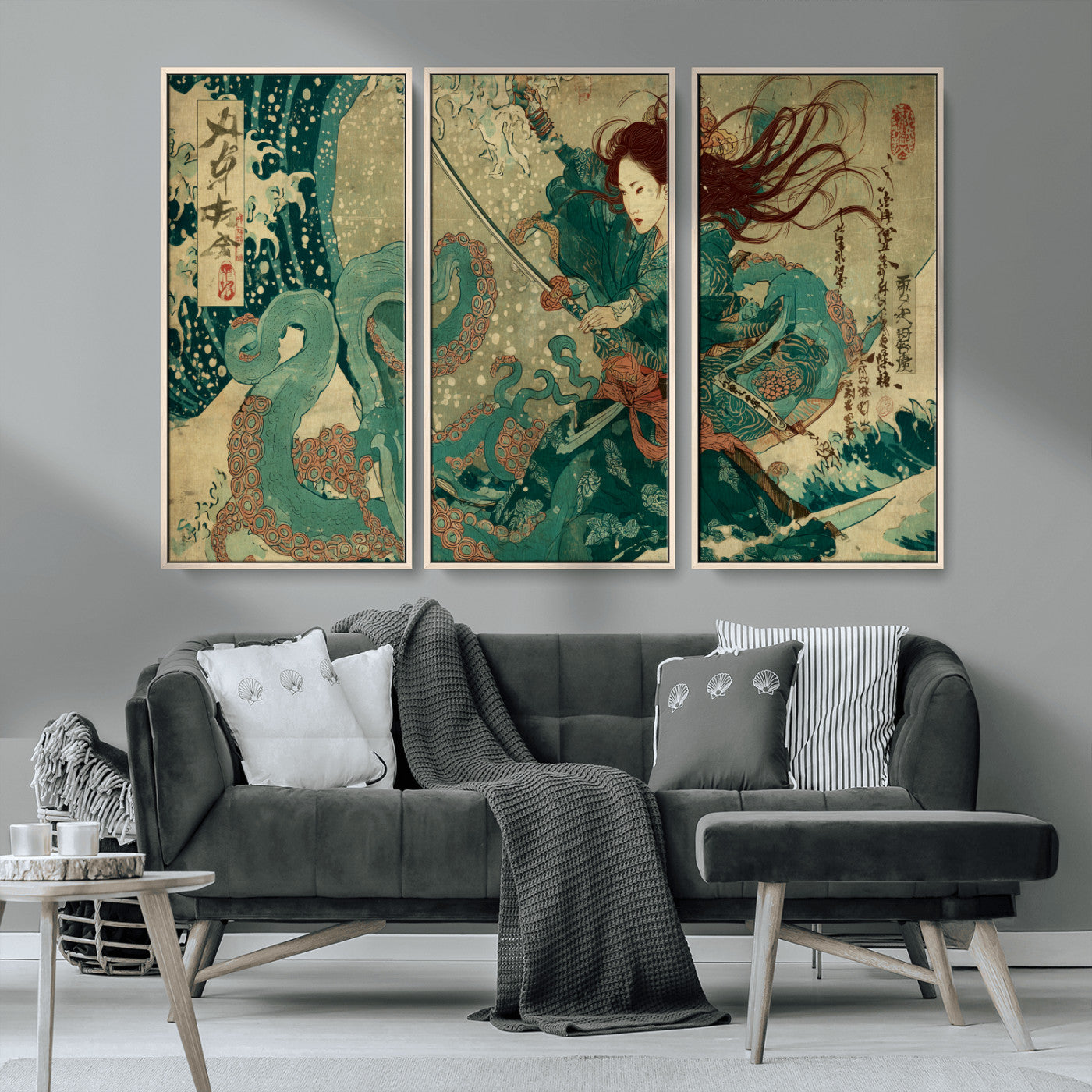 Tsukioka Yoshitoshi Samurai Wall Art Print, Japanese Katana Warrior Canvas Wall Art, Octopus Sea Monster Canvas Print,
