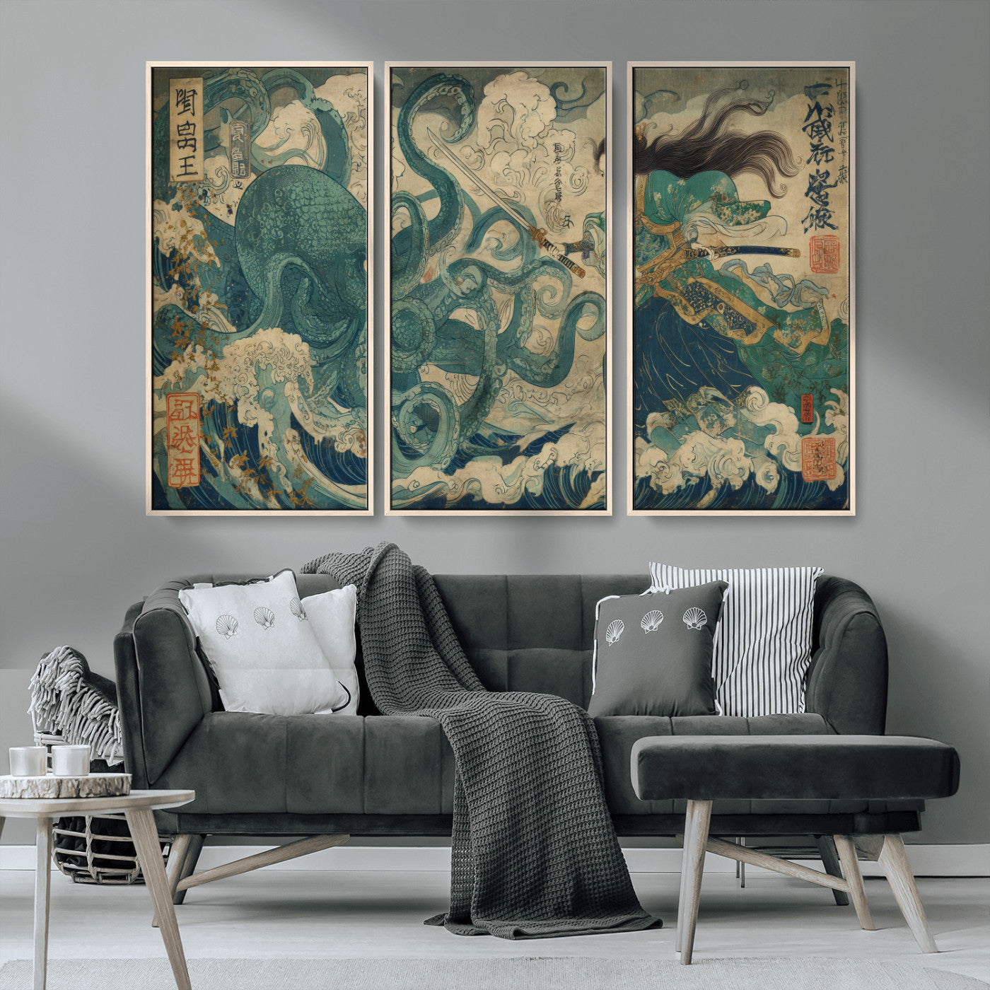 Tsukioka Yoshitoshi Samurai Wall Art Print, Japanese Katana Warrior Canvas Wall Art, Octopus Sea Monster Canvas Print,