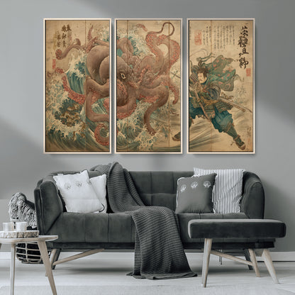 Tsukioka Yoshitoshi Samurai Wall Art Print, Japanese Katana Warrior Canvas Wall Art, Octopus Sea Monster Canvas Print,