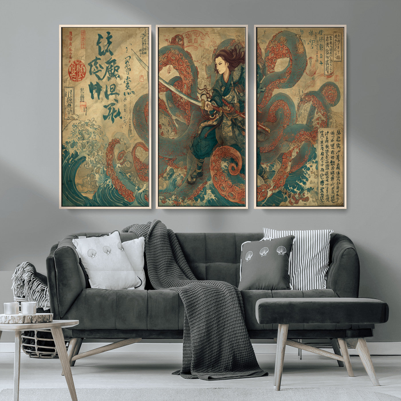 Tsukioka Yoshitoshi Samurai Wall Art Print, Japanese Katana Warrior Canvas Wall Art, Octopus Sea Monster Canvas Print,