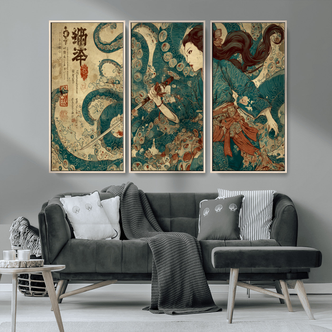 Tsukioka Yoshitoshi Samurai Wall Art Print, Japanese Katana Warrior Canvas Wall Art, Octopus Sea Monster Canvas Print,