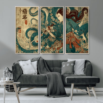 Tsukioka Yoshitoshi Samurai Wall Art Print, Japanese Katana Warrior Canvas Wall Art, Octopus Sea Monster Canvas Print,