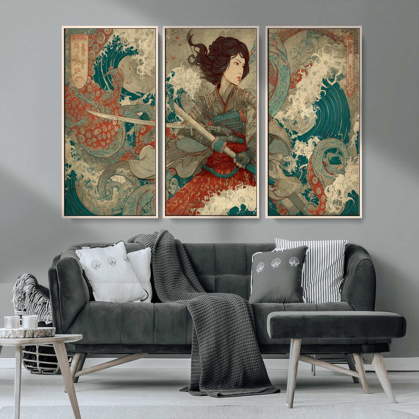 Tsukioka Yoshitoshi Samurai Wall Art Print, Japanese Katana Warrior Canvas Wall Art, Octopus Sea Monster Canvas Print,