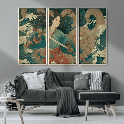 Tsukioka Yoshitoshi Samurai Wall Art Print, Japanese Katana Warrior Canvas Wall Art, Octopus Sea Monster Canvas Print,