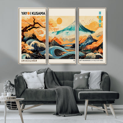 Modern Japanese-style art print featuring a stylized Mount Fuji, flowing waves, and vibrant landscapes in bold colors, inspired by traditional and contemporary aesthetics.