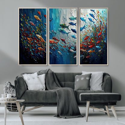 Colorful painting of fish swimming in abstract ocean swirls, perfect for vibrant marine-themed or expressive coastal home decor.