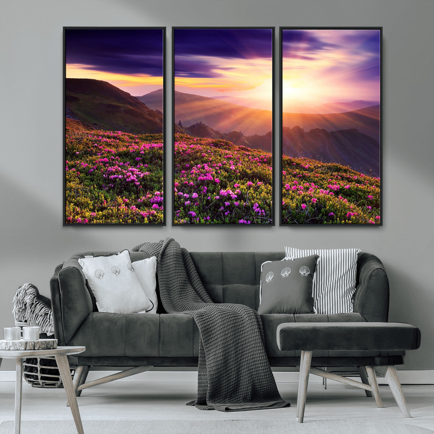 -Mountain Sunrise Wall Art – Vibrant Floral Landscape Canvas Print, Nature Home Decor for Living Room, Bedroom Office or Cabin