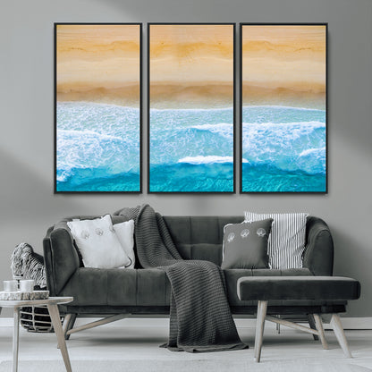 -Aerial Beach Wall Art – Serene Ocean Waves & Sandy Shore Canvas Print, Coastal Home Decor for Living Room, Bedroom or Office