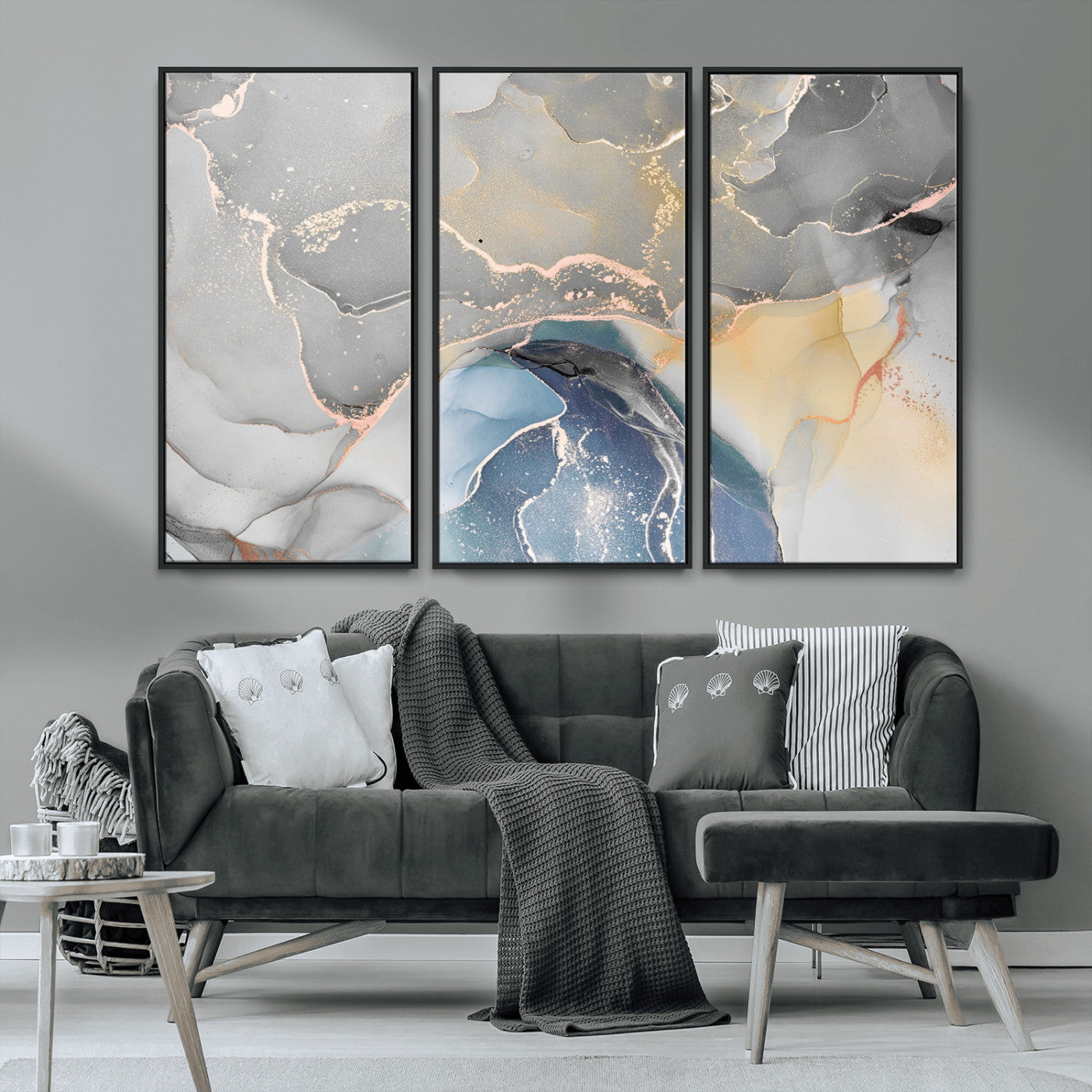 -Abstract Fluid Art Wall Decor – Blue, Gray & Gold Canvas Print, Modern Home and Office Wall Art Decor for Living Room, Bedroom or Workspace
