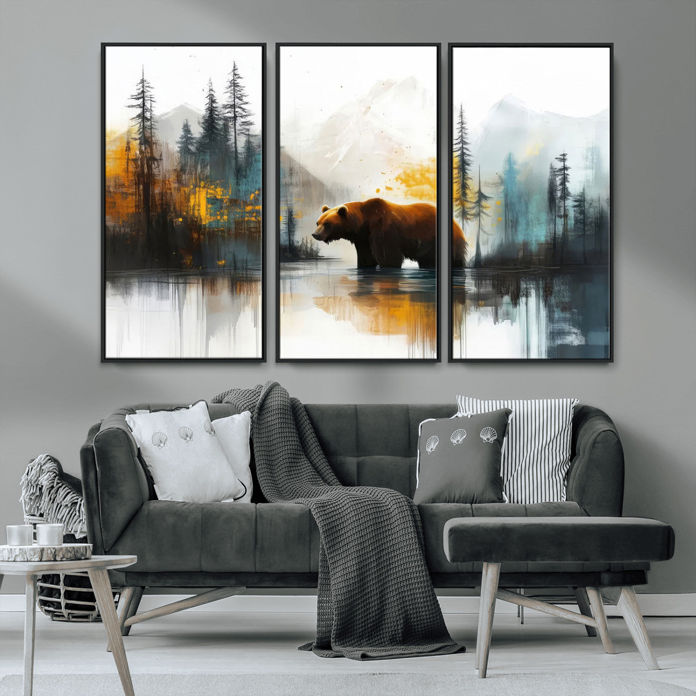 A majestic bear stands by the serene waters of a misty forest, surrounded by towering trees and distant mountains, evoking the raw beauty and wild spirit of nature.