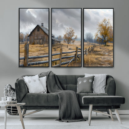 A tranquil rural scene featuring a rustic barn, overcast skies, and golden fields with scattered trees, evoking a sense of peaceful solitude in nature.