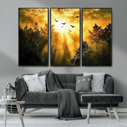 Canvas of a golden forest at sunset with birds flying through glowing sunbeams and silhouetted pine trees, ideal for warm-toned rustic decor.