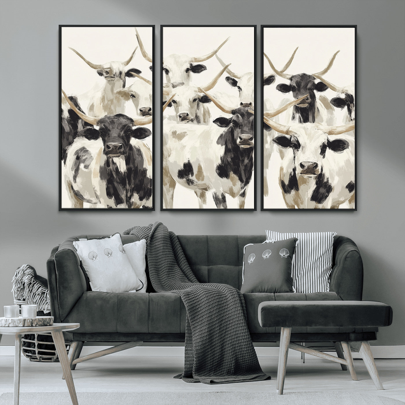 Canvas of a Texas Longhorn cattle herd in neutral black and white tones, ideal for rustic farmhouse or western-themed decor.