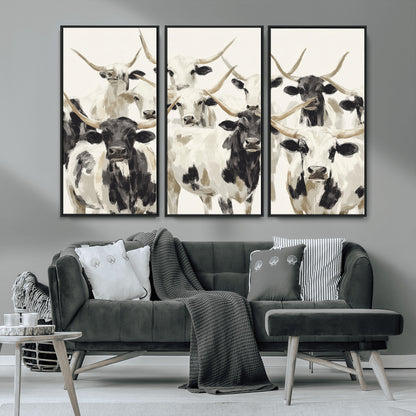 Canvas of a Texas Longhorn cattle herd in neutral black and white tones, ideal for rustic farmhouse or western-themed decor.