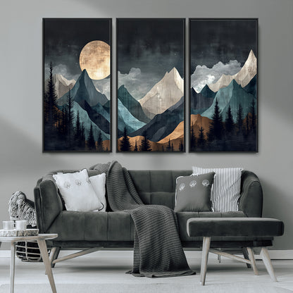 Stylized canvas of layered mountains under a full moon in neutral moody tones, ideal for nature-inspired or modern rustic interiors.