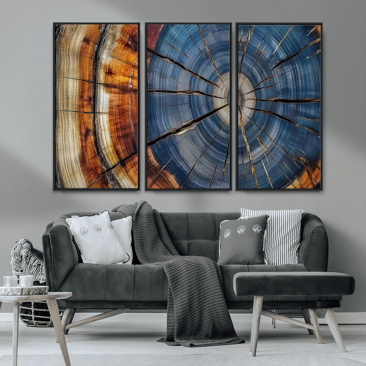 A stunning close-up view of a tree trunk, showcasing the intricate growth rings in a vibrant mix of warm browns, cool blues, and hints of natural texture.