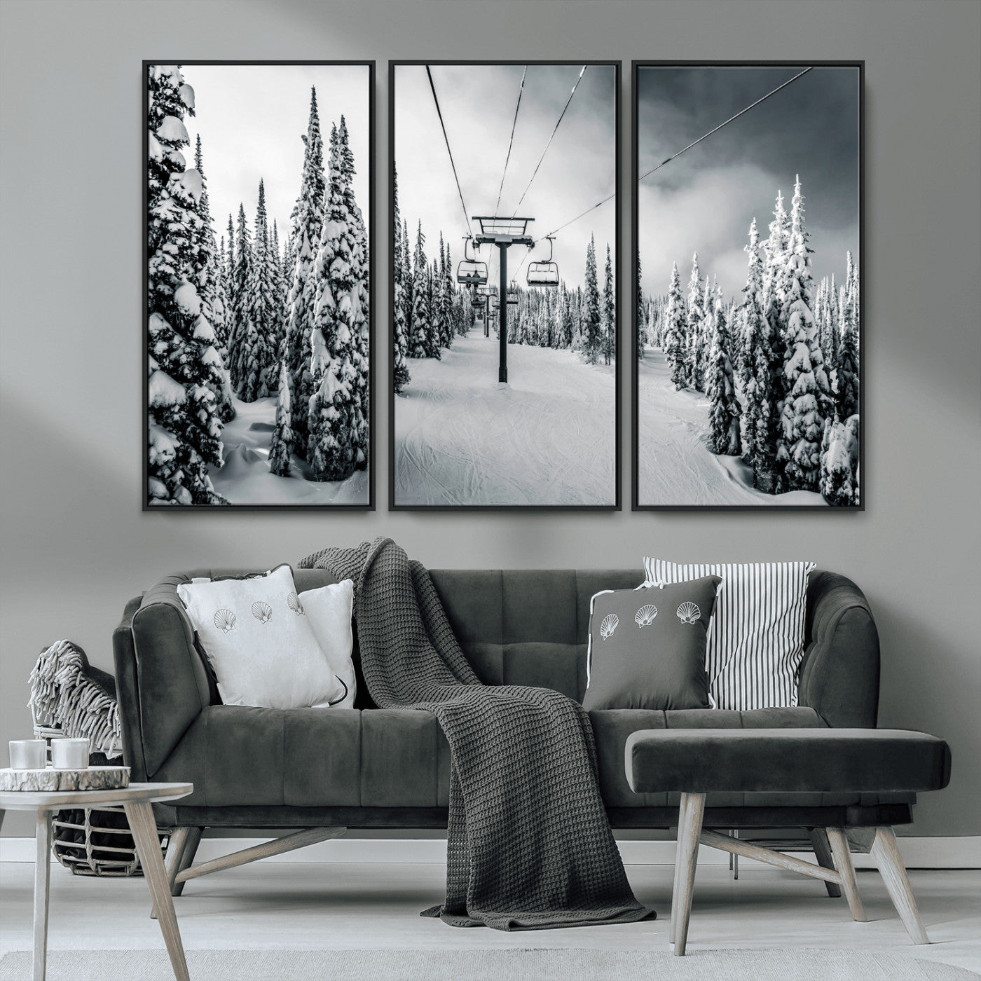Canvas of a snowy ski lift scene through a forest of tall pine trees, ideal for moody winter or alpine-themed home decor.