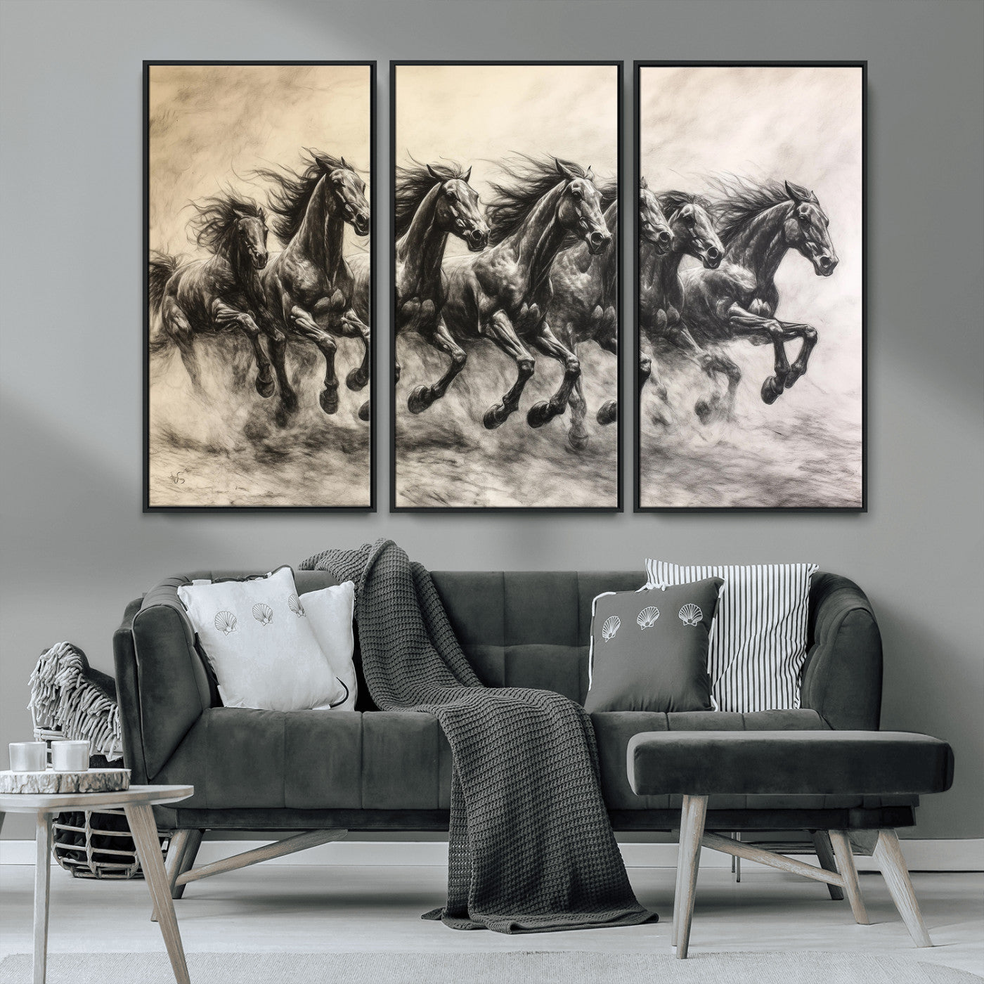 Monochrome drawing of a herd of galloping horses, perfect for dynamic and wild-themed decor in any equestrian or nature-inspired room.