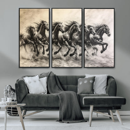 Monochrome drawing of a herd of galloping horses, perfect for dynamic and wild-themed decor in any equestrian or nature-inspired room.