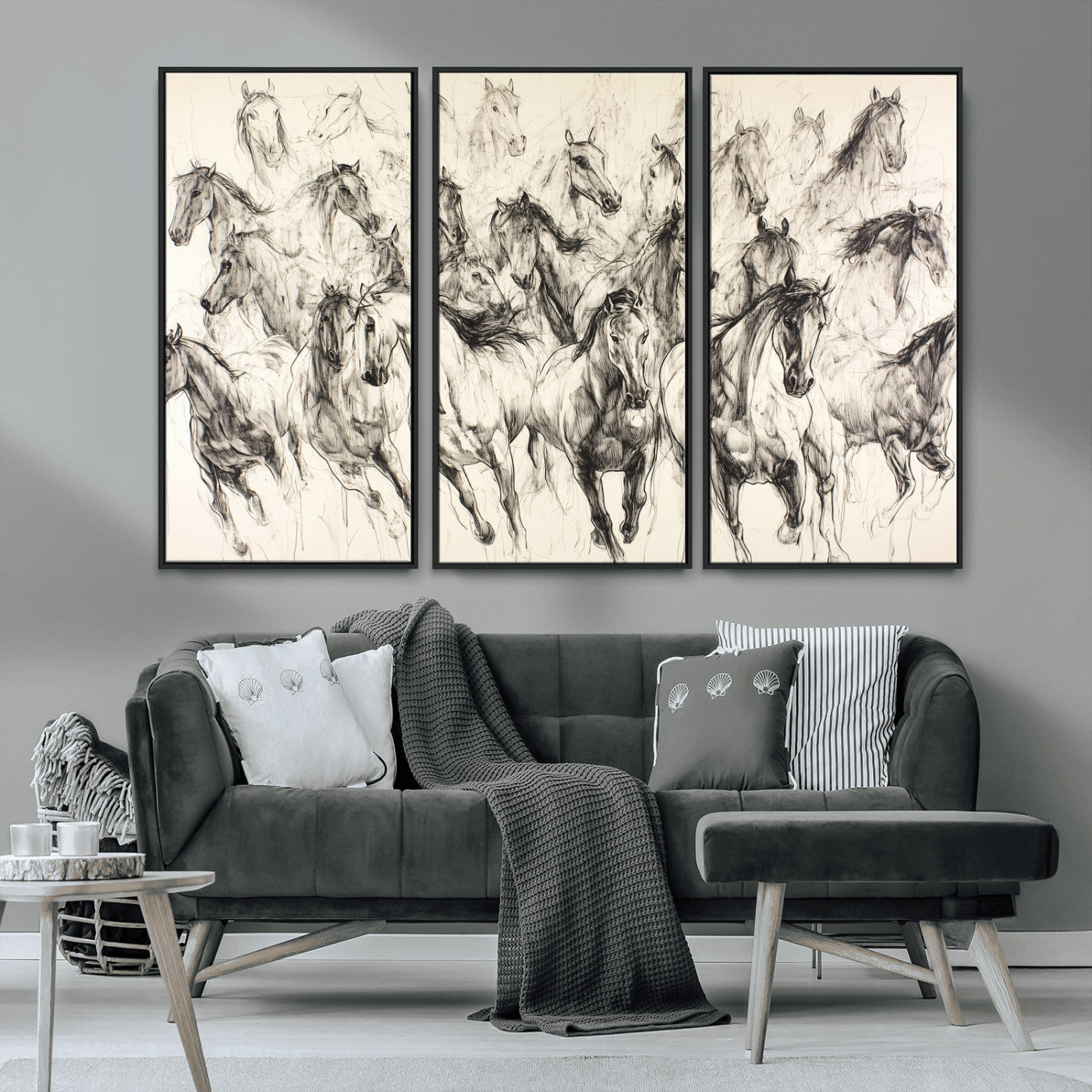 Monochrome ink sketch of galloping horses in dynamic motion, perfect for western or equine-themed wall decor with bold artistic energy.
