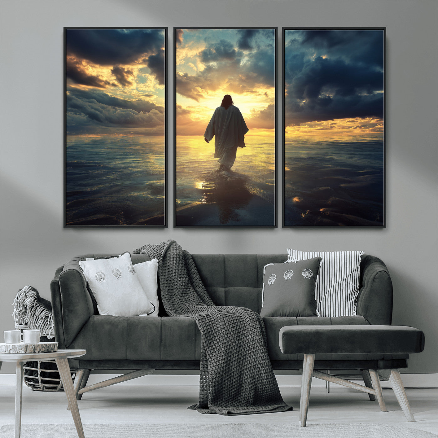 Spiritual artwork of Jesus walking on water at golden hour with divine light, ideal for Christian home decor or prayer room.